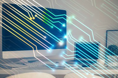 Teknoloji temalı çizim ve bilgisayarla çalışma alanı. Çoklu maruz kalma. Yenilik kavramı.