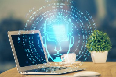 Bilgisayar ve beyin hologramıyla iki kat maruz kalmışlar. Veri yeniliği kavramı.