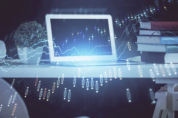 Forex Diagram hologram på bordet med datorbakgrund. Dubbel exponering. Begreppet finansiella marknader. — Stockfoto