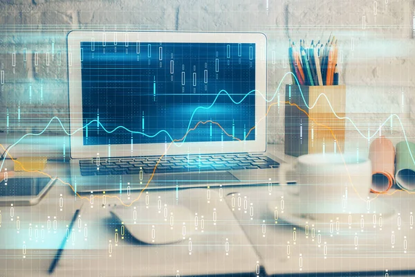 Financial graph colorful drawing and table with computer on background. Multi exposure. Concept of international markets. — Stock Photo, Image