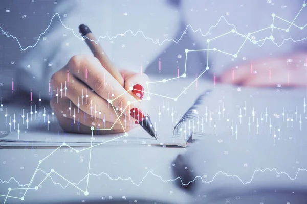 Dubbele blootstelling van dames handen maken van notities met Forex Graph hologram. Concept aandelenmarkt analyse. — Stockfoto