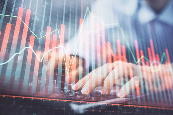 Forex diagram med affärsman skriva på datorn i Office på bakgrunden. Begreppet analys. Dubbel exponering. — Stockfoto