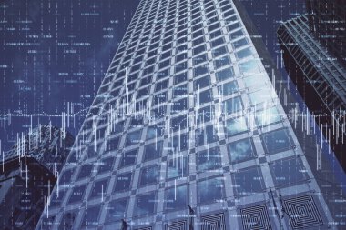 Yüksek binaların arka planında çoklu pozlama olan eski şehir haritası. Finansal araştırma kavramı.