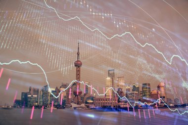 Yüksek binaların arka planında çoklu pozlama olan eski şehir haritası. Finansal araştırma kavramı.