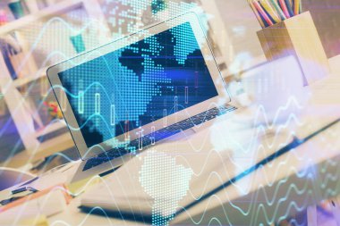 Eski pazar grafiği hologramı ve kişisel bilgisayar geçmişi. Çoklu maruz kalma. Yatırım kavramı.