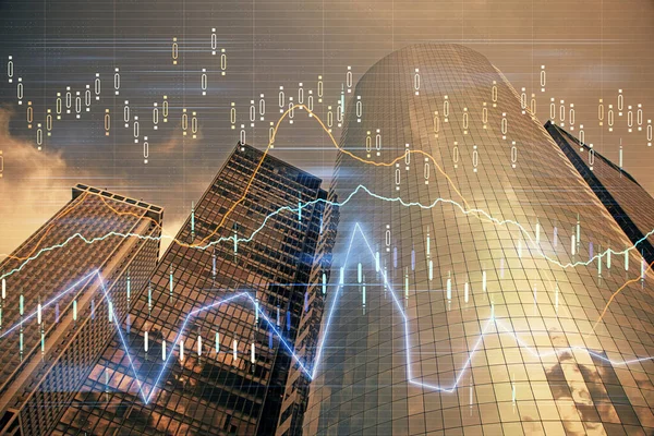 Forex chart on cityscape with skyscrapers wallpaper multi exposure. Financial research concept. — Stock Photo, Image