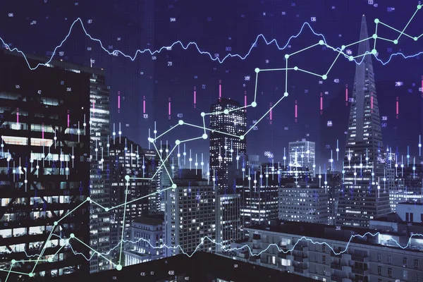 Gráfico financiero sobre paisaje nocturno de la ciudad con edificios altos de fondo multi exposición. Concepto de análisis . —  Fotos de Stock