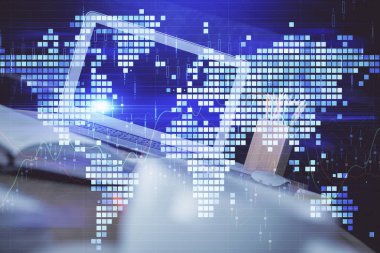 İş teması simgelerinin çoklu pozlandırılması ve bilgisayar geçmişi olan çalışma alanı. Başarı kavramı.