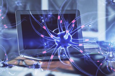 Masaüstü bilgisayar arkaplanı ve nöron çizimi. Çifte maruziyet. Eğitim kavramı.