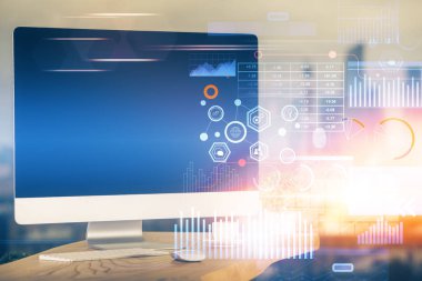 Teknoloji temalı çizim ve bilgisayarlı masa. Çoklu maruz kalma. Bilgi kavramı.