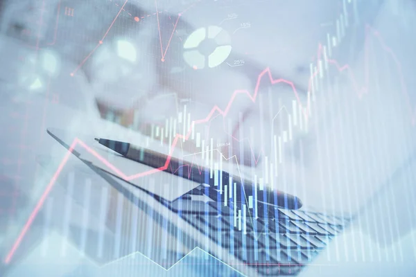 Forex graph hologram on table with computer background. Multi exposure. Concept of financial markets. — Stock Photo, Image