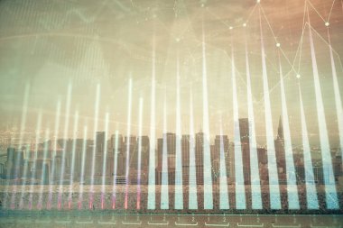 Gökdelenler arka planda çoklu pozlama ile şehir görünümünde eski grafik. Mali analiz kavramı.