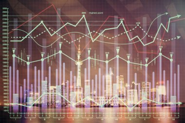 Yüksek binalar arka plan çok pozlama ile gece şehir scape mali grafik. Analiz kavramı.