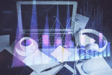 Eski pazar grafiği hologramı ve kişisel bilgisayar geçmişi. Çoklu maruz kalma. Yatırım kavramı.