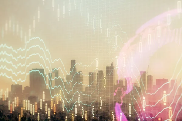 Devisendiagramm auf Stadtbild mit Wolkenkratzern Tapete Doppelbelichtung. Finanzielles Forschungskonzept. — Stockfoto