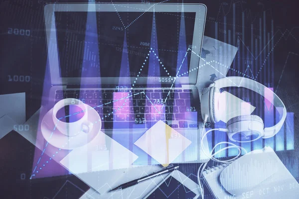 Eski pazar grafiği hologramı ve kişisel bilgisayar geçmişi. Çoklu maruz kalma. Yatırım kavramı.