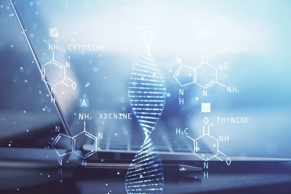 Skrivbordsdator bakgrund och DNA-ritning. Dubbel exponering. Vetenskapligt koncept. — Stockfoto