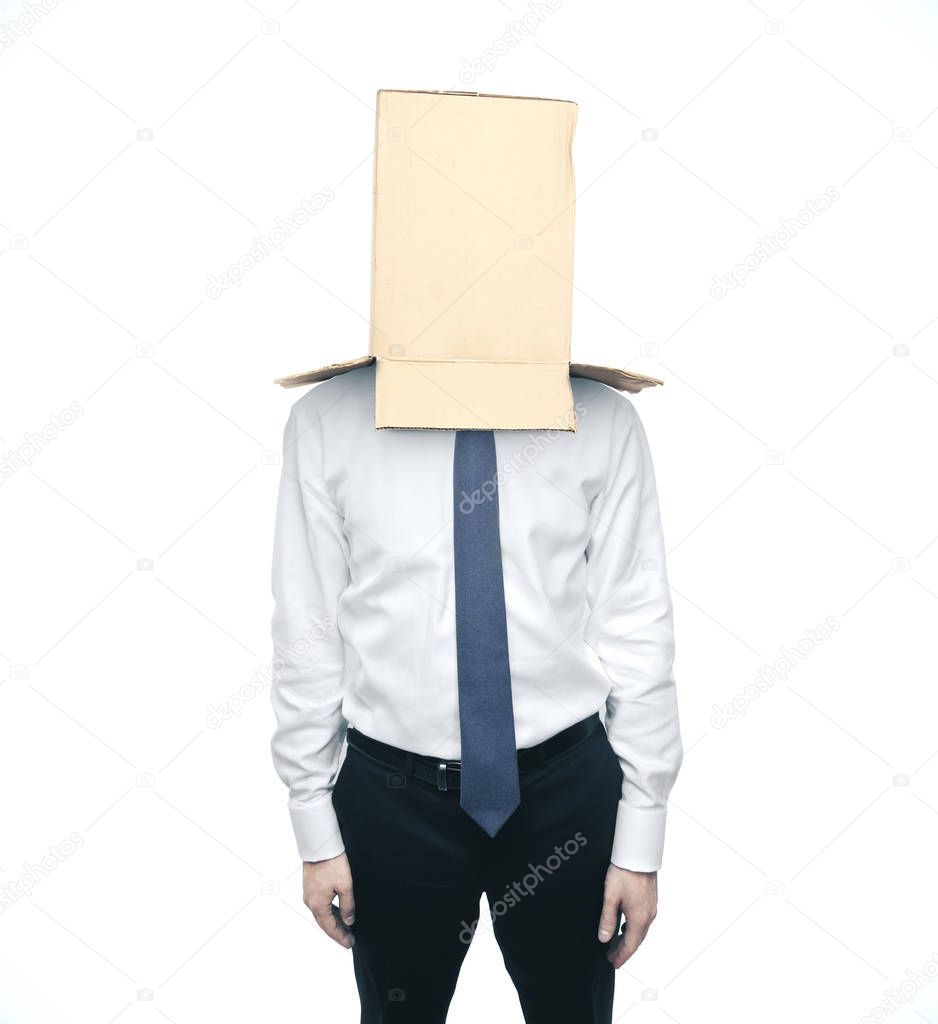 Businessman with a box on head