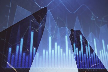 Yüksek binaların arka planında çoklu pozlama olan eski şehir haritası. Finansal araştırma kavramı.