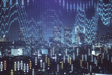 Yüksek binalar arka plan çok pozlama ile gece şehir scape mali grafik. Analiz kavramı.