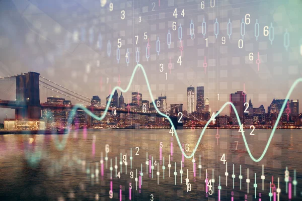 Financial graph on night city scape with tall buildings background double exposure. Analysis concept.