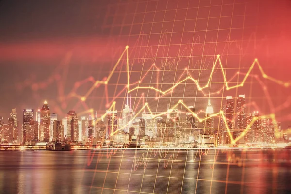 Financial graph on night city scape with tall buildings background multi exposure. Analysis concept. — Stock Photo, Image