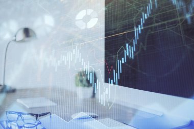 Bilgisayar geçmişi olan eski grafik hologramı. Çoklu maruz kalma. Finans piyasası kavramı.