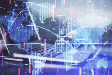 İş teması simgelerinin çoklu pozlandırılması ve bilgisayar geçmişi olan çalışma alanı. Başarı kavramı.