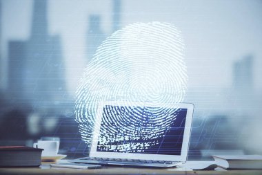 Ofisteki bilgisayarın parmak izi çizimi. Çifte maruziyet. İş veri güvenliği kavramı.