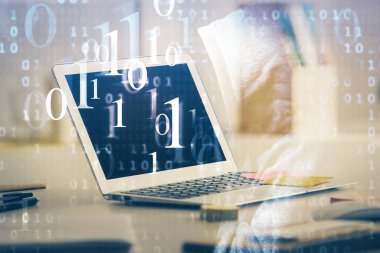 Teknoloji temalı çizim ve bilgisayarla çalışma alanı. Çoklu maruz kalma. Yenilik kavramı.