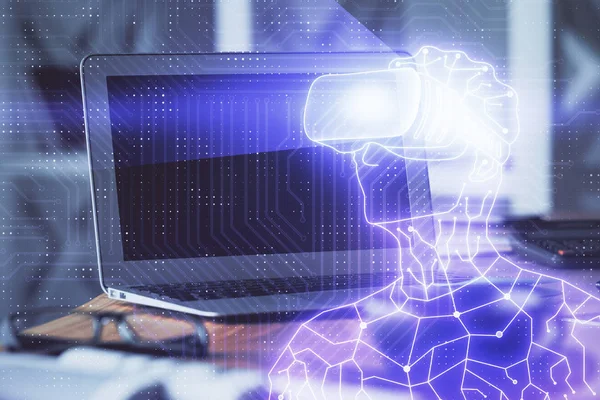 Computer op desktop met AR thema pictogram. Meervoudige blootstelling. Begrip "augmented reality". — Stockfoto