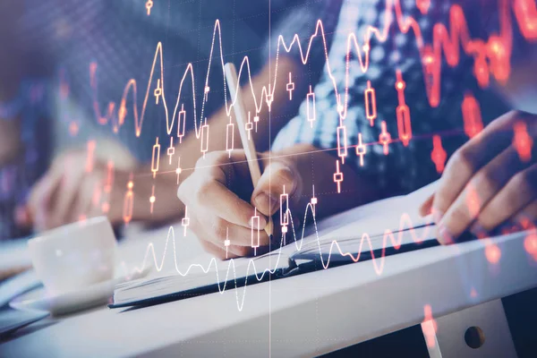 Multi-Exposition von zwei Männern, die Investitionen mit dem Börsenforex-Chart planen. — Stockfoto