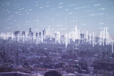 Gökdelenler, duvar kağıtları ve çoklu pozlama ile şehir manzarasının eski çizelgesi. Finansal araştırma kavramı.