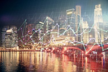 Yüksek binalar arka plan çok pozlama ile şehir scape mali grafik. Analiz kavramı.