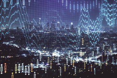 Yüksek binalar arka plan çok pozlama ile gece şehir scape mali grafik. Analiz kavramı.