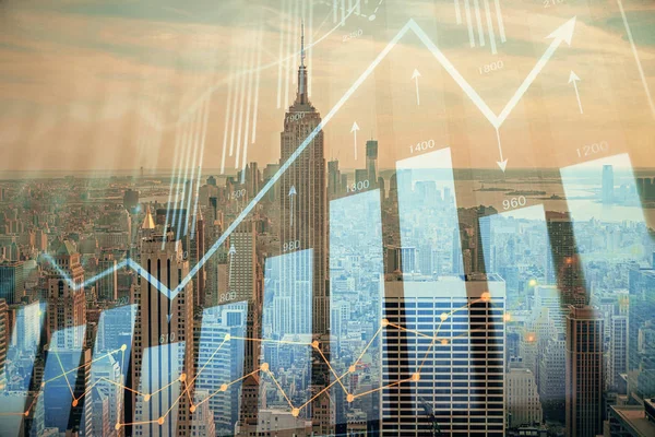 Forex graph on city view with skyscrapers background double exposure. Financial analysis concept. — Stock Photo, Image