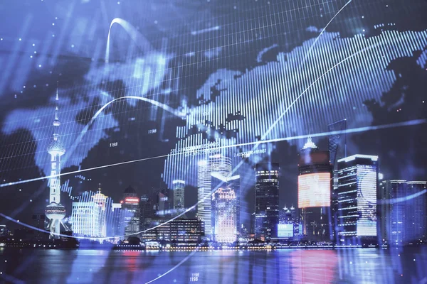 Financial graph on night city scape with tall buildings background double exposure. Analysis concept.