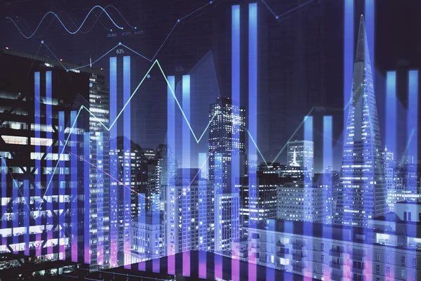 Pénzügyi grafikon éjszakai városkép a magas épületek háttér több expozíciót. Elemzési koncepció. — Stock Fotó