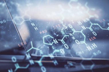 Masaüstü bilgisayar arkaplanı ve formül hologram yazımı. Çifte maruziyet. Eğitim kavramı.