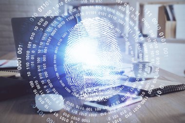 Ofisteki bilgisayarın parmak izi çizimi. Çifte maruziyet. İş veri güvenliği kavramı.