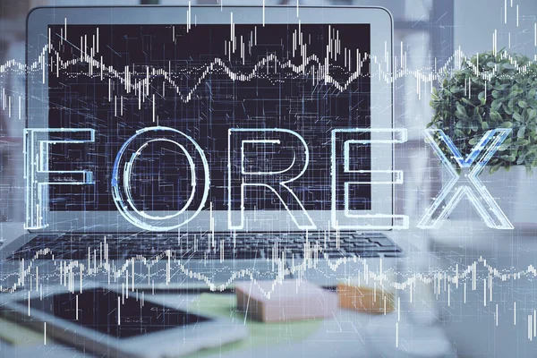 Doble exposición del gráfico de divisas y el espacio de trabajo con el ordenador. Concepto de comercio internacional en línea. —  Fotos de Stock