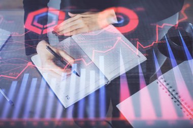 Forex grafik hologram el notları arka plan alarak. Analiz kavramı. Çoklu pozlama