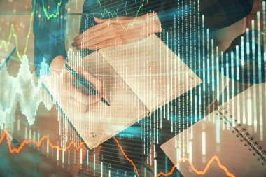 Forex grafik hologram el notları arka plan alarak. Analiz kavramı. Çoklu pozlama