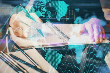 Forex grafik hologram el notları arka plan alarak. Analiz kavramı. Çoklu pozlama