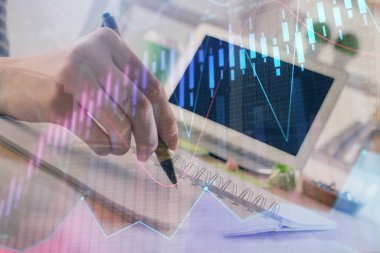 Finansal Forex grafiği el notları arka plan alarak çizilmiş. Araştırma kavramı. Çift Pozlama