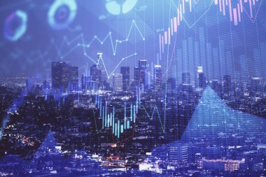 Yüksek binalar arka plan çift pozlama ile gece şehir scape mali grafik. Analiz kavramı.