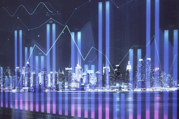 Yüksek binalar arka plan çok pozlama ile gece şehir scape mali grafik. Analiz kavramı.