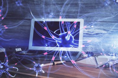 Masaüstü bilgisayar arkaplanı ve nöron çizimi. Çifte maruziyet. Eğitim kavramı.