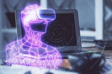 AR tema simgesi olan bilgisayar masaüstünde. Çoklu maruz kalma. Artırılmış gerçeklik kavramı.