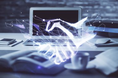 Ofiste bilgisayar geçmişi ve el sıkışma hologramı çizimi. Çifte maruziyet. Mükemmellik kavramı.